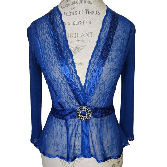Komarov Sweaters - Komarov Sheer Cardigan Topper Women Small Blue Brooch Crinkle Mother Of Bride